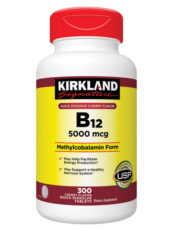 قرص ویتامین B12 5000 میکروگرم متیل کوبالامین کرکلند 300 عددی با طعم گیلاس